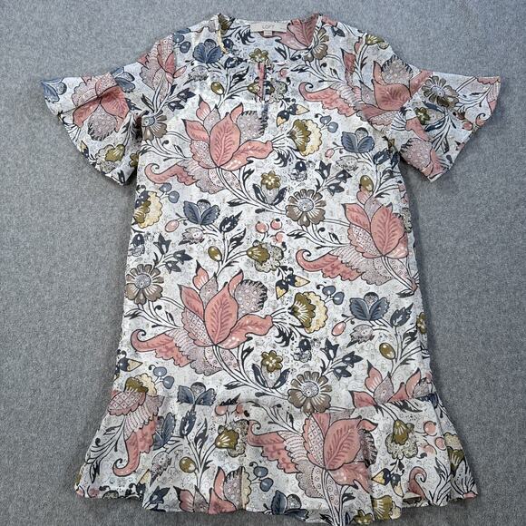 Ann Taylor LOFT Shimmer Floral Flounce Dress Petite Small Ruffle Hem Short Sleev - Picture 1 of 10